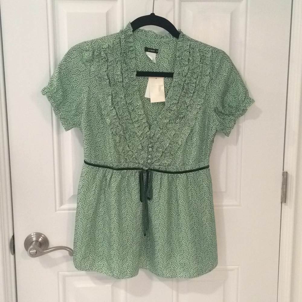 J CREW Green Silk Ruffle Baby Doll Silk Top 0